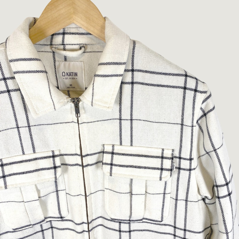 Katin Plaid Flannel Sherpa Lined Jacket Mens MD Cream Black Excellent Zip Up